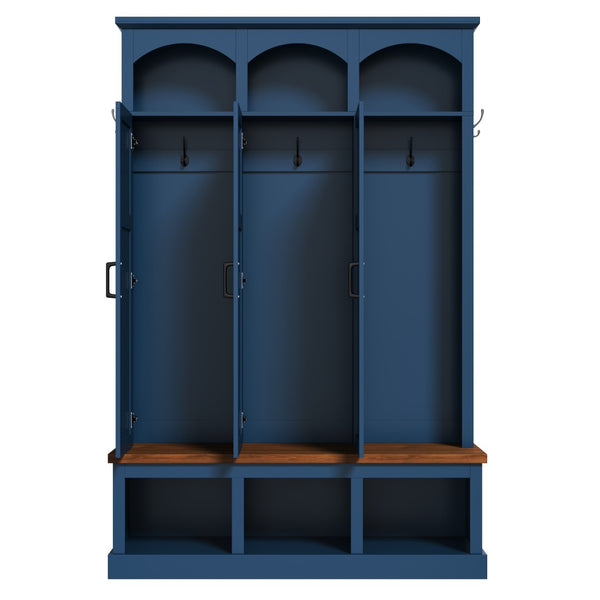 English Elm On-trend Arched Farmhouse Hall Tree with Bench Walnut Tone Mdf Frame Five Hooks Storage Blue N721S000084C
