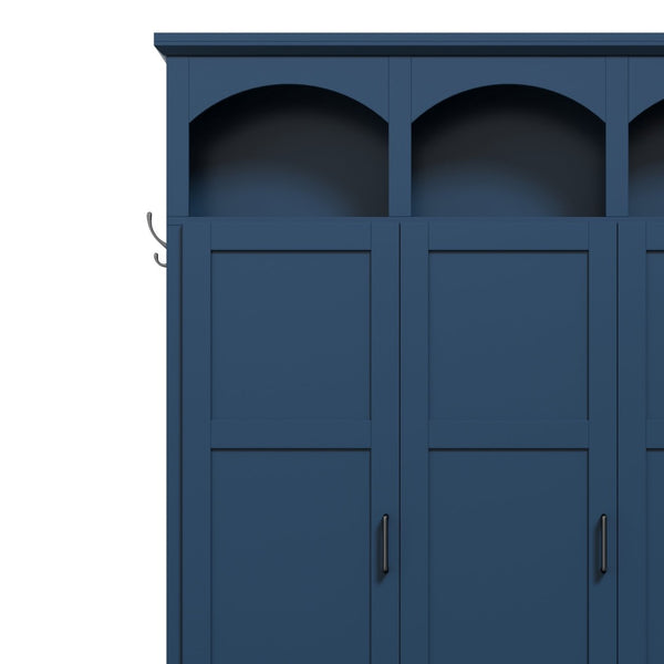 English Elm On-trend Arched Farmhouse Hall Tree with Bench Walnut Tone Mdf Frame Five Hooks Storage Blue N721S000084C