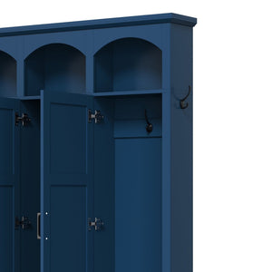 English Elm On-trend Arched Farmhouse Hall Tree with Bench Walnut Tone Mdf Frame Five Hooks Storage Blue N721S000084C