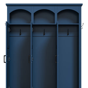 English Elm On-trend Arched Farmhouse Hall Tree with Bench Walnut Tone Mdf Frame Five Hooks Storage Blue N721S000084C
