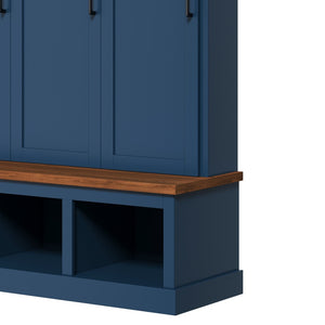 English Elm On-trend Arched Farmhouse Hall Tree with Bench Walnut Tone Mdf Frame Five Hooks Storage Blue N721S000084C