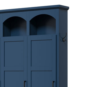 English Elm On-trend Arched Farmhouse Hall Tree with Bench Walnut Tone Mdf Frame Five Hooks Storage Blue N721S000084C