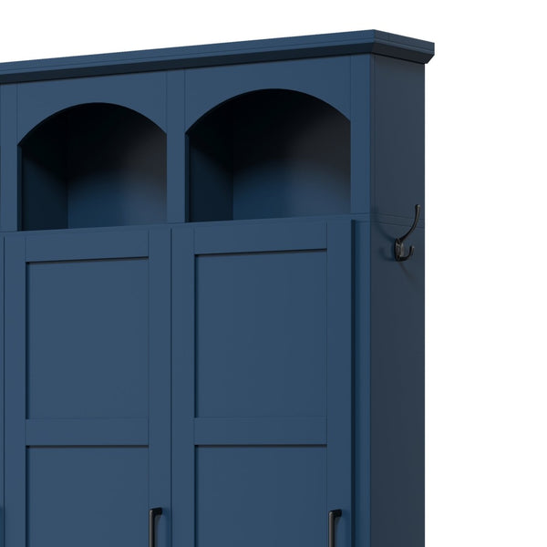 English Elm On-trend Arched Farmhouse Hall Tree with Bench Walnut Tone Mdf Frame Five Hooks Storage Blue N721S000084C
