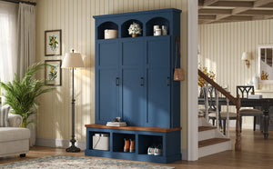 English Elm On-trend Arched Farmhouse Hall Tree with Bench Walnut Tone Mdf Frame Five Hooks Storage Blue N721S000084C