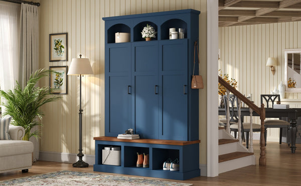 English Elm On-trend Arched Farmhouse Hall Tree with Bench Walnut Tone Mdf Frame Five Hooks Storage Blue N721S000084C