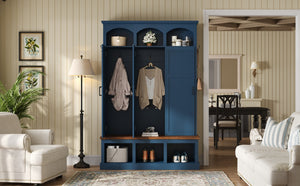 English Elm On-trend Arched Farmhouse Hall Tree with Bench Walnut Tone Mdf Frame Five Hooks Storage Blue N721S000084C