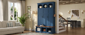 English Elm On-trend Arched Farmhouse Hall Tree with Bench Walnut Tone Mdf Frame Five Hooks Storage Blue N721S000084C