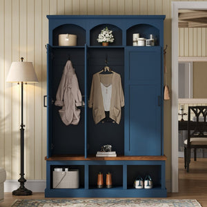 English Elm On-trend Arched Farmhouse Hall Tree with Bench Walnut Tone Mdf Frame Five Hooks Storage Blue N721S000084C