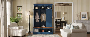 English Elm On-trend Arched Farmhouse Hall Tree with Bench Walnut Tone Mdf Frame Five Hooks Storage Blue N721S000084C