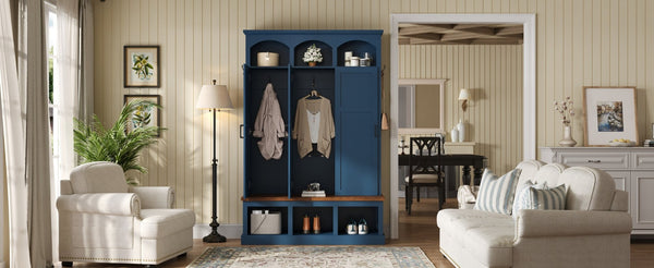 English Elm On-trend Arched Farmhouse Hall Tree with Bench Walnut Tone Mdf Frame Five Hooks Storage Blue N721S000084C