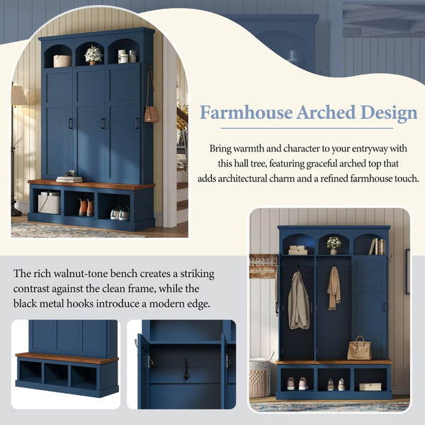 English Elm On-trend Arched Farmhouse Hall Tree with Bench Walnut Tone Mdf Frame Five Hooks Storage Blue N721S000084C