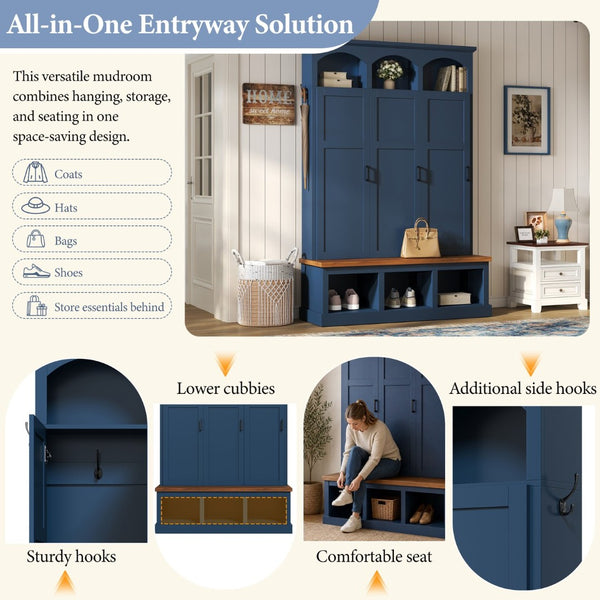 English Elm On-trend Arched Farmhouse Hall Tree with Bench Walnut Tone Mdf Frame Five Hooks Storage Blue N721S000084C