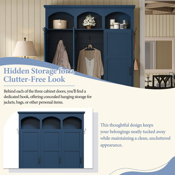 English Elm On-trend Arched Farmhouse Hall Tree with Bench Walnut Tone Mdf Frame Five Hooks Storage Blue N721S000084C