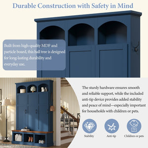 English Elm On-trend Arched Farmhouse Hall Tree with Bench Walnut Tone Mdf Frame Five Hooks Storage Blue N721S000084C