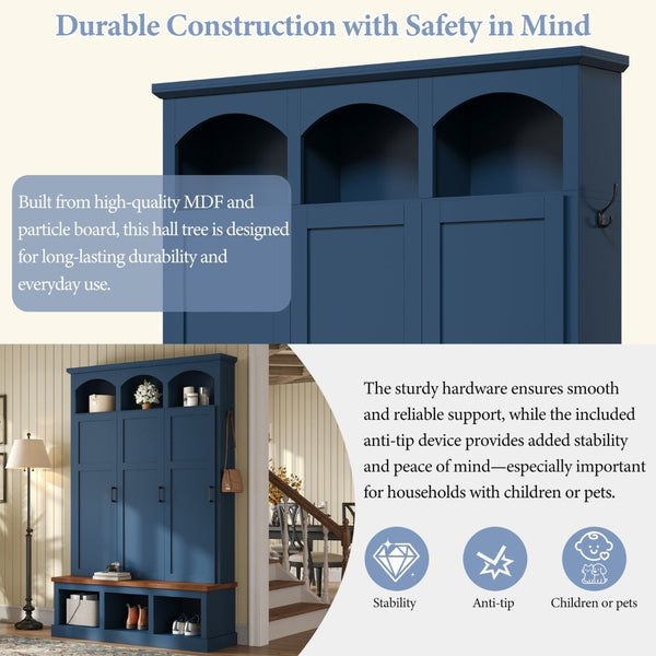 English Elm On-trend Arched Farmhouse Hall Tree with Bench Walnut Tone Mdf Frame Five Hooks Storage Blue N721S000084C