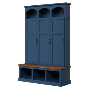 English Elm On-trend Arched Farmhouse Hall Tree with Bench Walnut Tone Mdf Frame Five Hooks Storage Blue N721S000084C