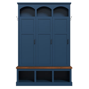 English Elm On-trend Arched Farmhouse Hall Tree with Bench Walnut Tone Mdf Frame Five Hooks Storage Blue N721S000084C