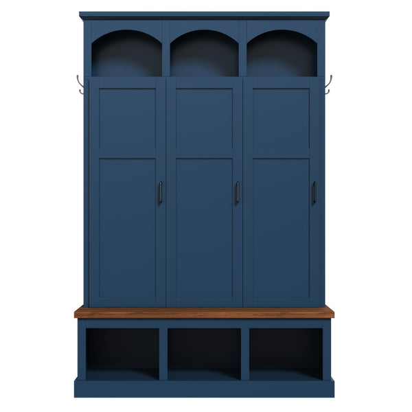 English Elm On-trend Arched Farmhouse Hall Tree with Bench Walnut Tone Mdf Frame Five Hooks Storage Blue N721S000084C