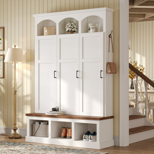 English Elm On-trend Arched Farmhouse Hall Tree with Bench Walnut Tone Mdf Frame Five Hooks Storage White N721S000084K