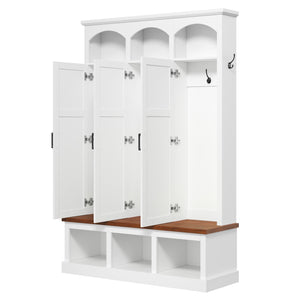 English Elm On-trend Arched Farmhouse Hall Tree with Bench Walnut Tone Mdf Frame Five Hooks Storage White N721S000084K