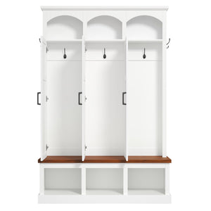 English Elm On-trend Arched Farmhouse Hall Tree with Bench Walnut Tone Mdf Frame Five Hooks Storage White N721S000084K