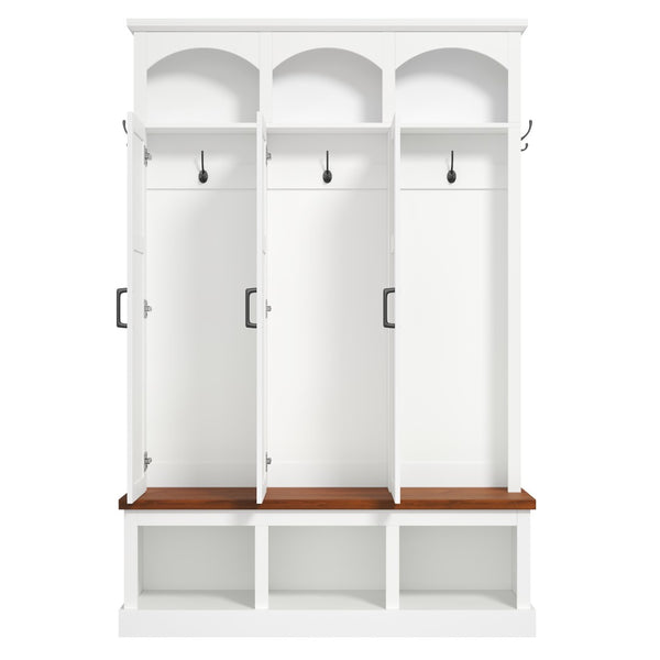 English Elm On-trend Arched Farmhouse Hall Tree with Bench Walnut Tone Mdf Frame Five Hooks Storage White N721S000084K