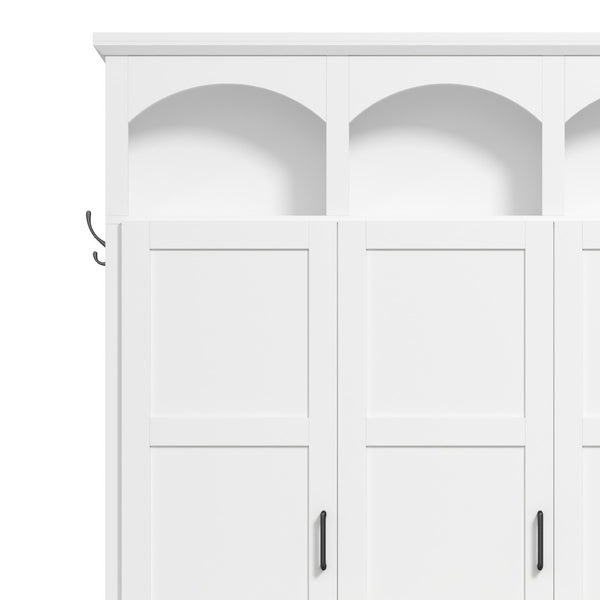 English Elm On-trend Arched Farmhouse Hall Tree with Bench Walnut Tone Mdf Frame Five Hooks Storage White N721S000084K