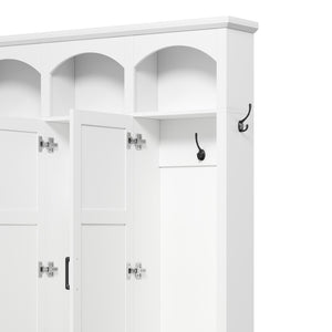 English Elm On-trend Arched Farmhouse Hall Tree with Bench Walnut Tone Mdf Frame Five Hooks Storage White N721S000084K