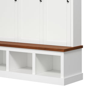 English Elm On-trend Arched Farmhouse Hall Tree with Bench Walnut Tone Mdf Frame Five Hooks Storage White N721S000084K