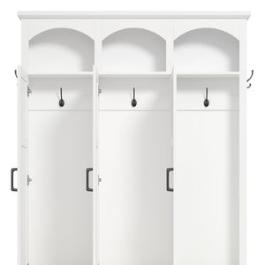 English Elm On-trend Arched Farmhouse Hall Tree with Bench Walnut Tone Mdf Frame Five Hooks Storage White N721S000084K
