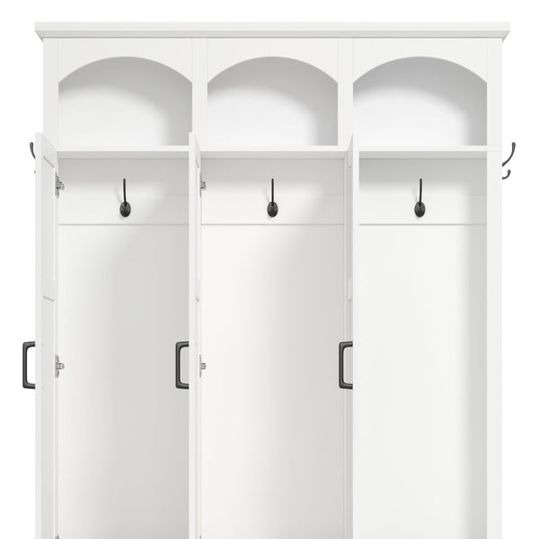 English Elm On-trend Arched Farmhouse Hall Tree with Bench Walnut Tone Mdf Frame Five Hooks Storage White N721S000084K