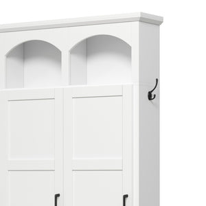 English Elm On-trend Arched Farmhouse Hall Tree with Bench Walnut Tone Mdf Frame Five Hooks Storage White N721S000084K