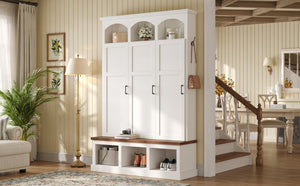 English Elm On-trend Arched Farmhouse Hall Tree with Bench Walnut Tone Mdf Frame Five Hooks Storage White N721S000084K