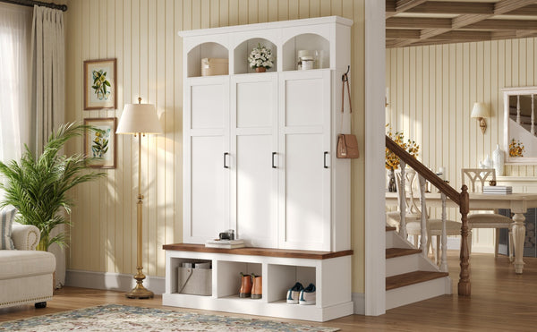 English Elm On-trend Arched Farmhouse Hall Tree with Bench Walnut Tone Mdf Frame Five Hooks Storage White N721S000084K