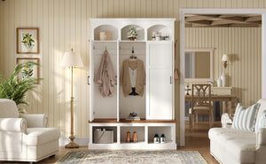 English Elm On-trend Arched Farmhouse Hall Tree with Bench Walnut Tone Mdf Frame Five Hooks Storage White N721S000084K