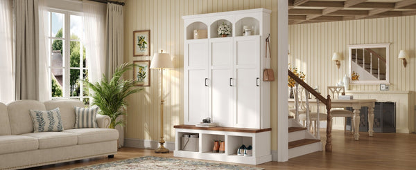 English Elm On-trend Arched Farmhouse Hall Tree with Bench Walnut Tone Mdf Frame Five Hooks Storage White N721S000084K