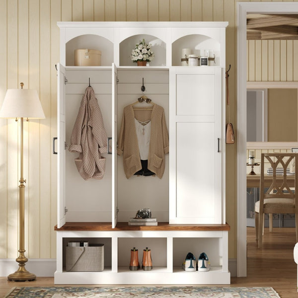 English Elm On-trend Arched Farmhouse Hall Tree with Bench Walnut Tone Mdf Frame Five Hooks Storage White N721S000084K