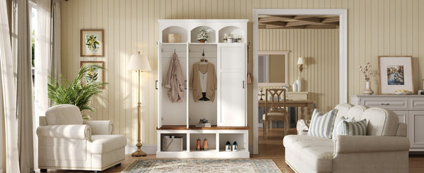 English Elm On-trend Arched Farmhouse Hall Tree with Bench Walnut Tone Mdf Frame Five Hooks Storage White N721S000084K