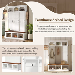 English Elm On-trend Arched Farmhouse Hall Tree with Bench Walnut Tone Mdf Frame Five Hooks Storage White N721S000084K
