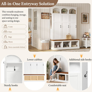 English Elm On-trend Arched Farmhouse Hall Tree with Bench Walnut Tone Mdf Frame Five Hooks Storage White N721S000084K