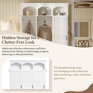 English Elm On-trend Arched Farmhouse Hall Tree with Bench Walnut Tone Mdf Frame Five Hooks Storage White N721S000084K