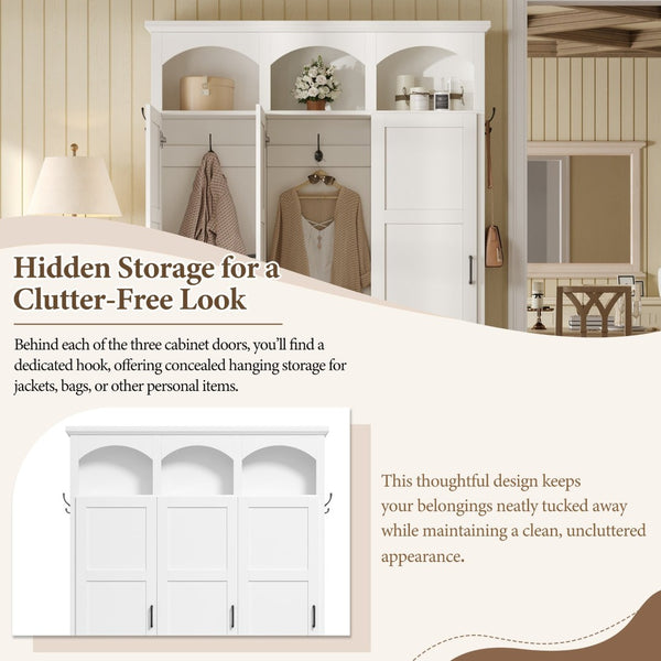 English Elm On-trend Arched Farmhouse Hall Tree with Bench Walnut Tone Mdf Frame Five Hooks Storage White N721S000084K