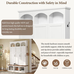 English Elm On-trend Arched Farmhouse Hall Tree with Bench Walnut Tone Mdf Frame Five Hooks Storage White N721S000084K