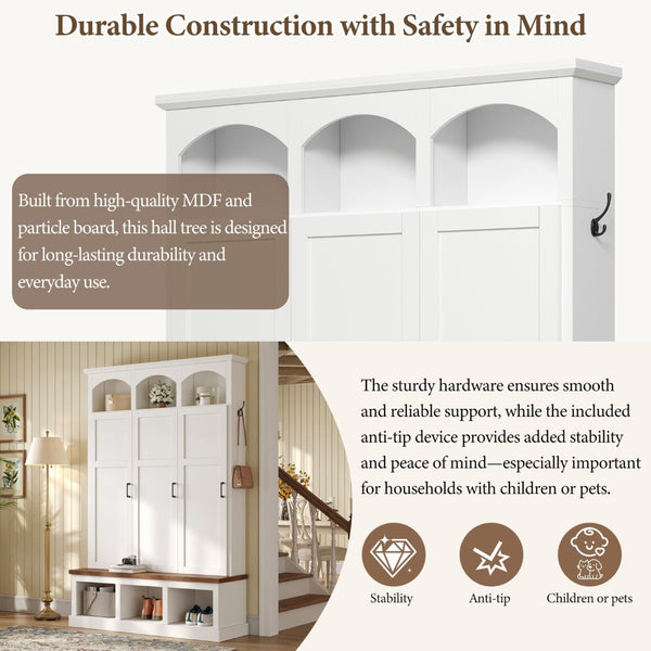 English Elm On-trend Arched Farmhouse Hall Tree with Bench Walnut Tone Mdf Frame Five Hooks Storage White N721S000084K