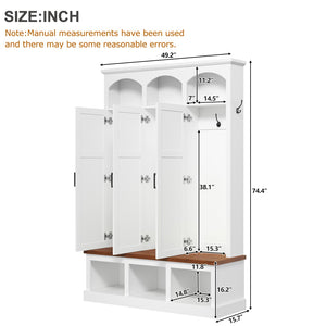 English Elm On-trend Arched Farmhouse Hall Tree with Bench Walnut Tone Mdf Frame Five Hooks Storage White N721S000084K