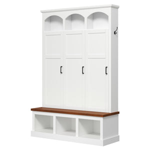 English Elm On-trend Arched Farmhouse Hall Tree with Bench Walnut Tone Mdf Frame Five Hooks Storage White N721S000084K