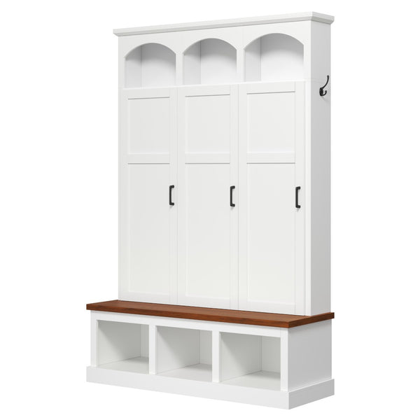English Elm On-trend Arched Farmhouse Hall Tree with Bench Walnut Tone Mdf Frame Five Hooks Storage White N721S000084K
