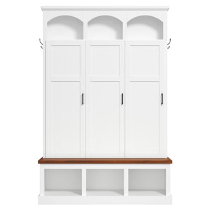 English Elm On-trend Arched Farmhouse Hall Tree with Bench Walnut Tone Mdf Frame Five Hooks Storage White N721S000084K