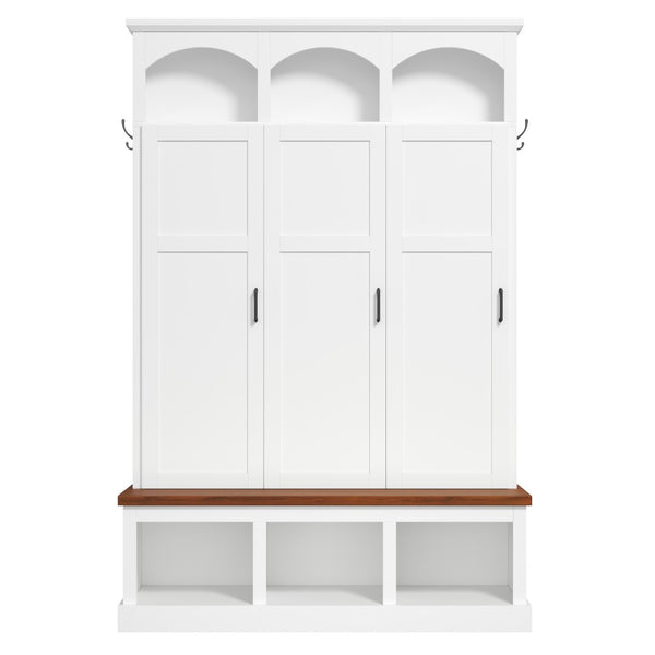 English Elm On-trend Arched Farmhouse Hall Tree with Bench Walnut Tone Mdf Frame Five Hooks Storage White N721S000084K