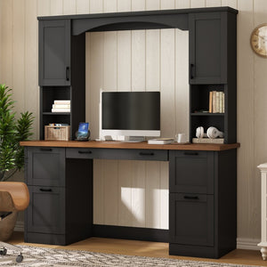 English Elm On-trend Farmhouse Arched Hutch Desk Walnut Veneer Workstation with Charging Ports Black N721S000085B